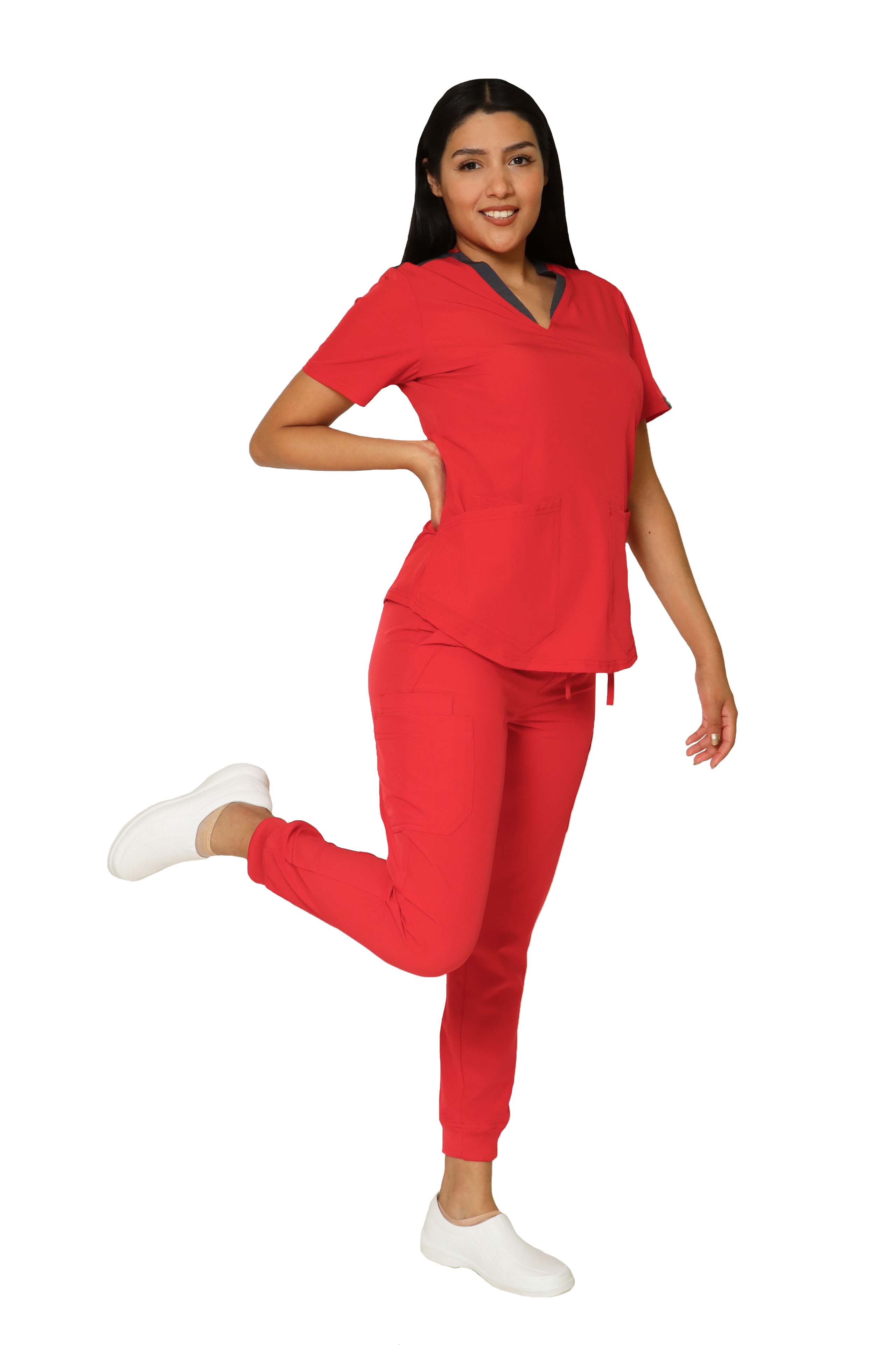 Conjunto SET Filipina y Pantalón JOGGER EV-02 Muñin REPELENTE A FLUIDOS-Color ROJO/PEWTER Dama-Ana Isabel Uniformes