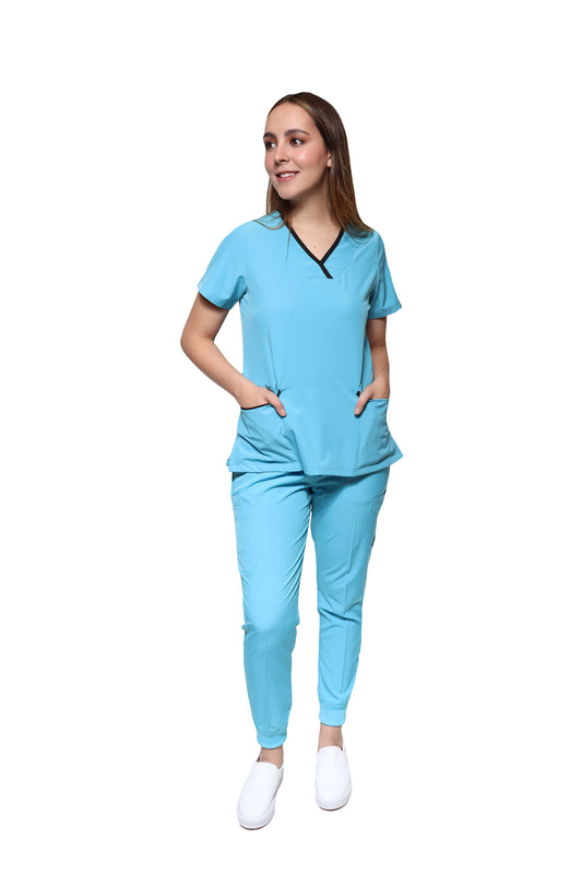 Conjunto SET Filipina y Pantalón JOGGER EV-18 CANDY REPELENTE A FLUIDOS-Color Aqua/Negro Dama-Ana Isabel Uniformes