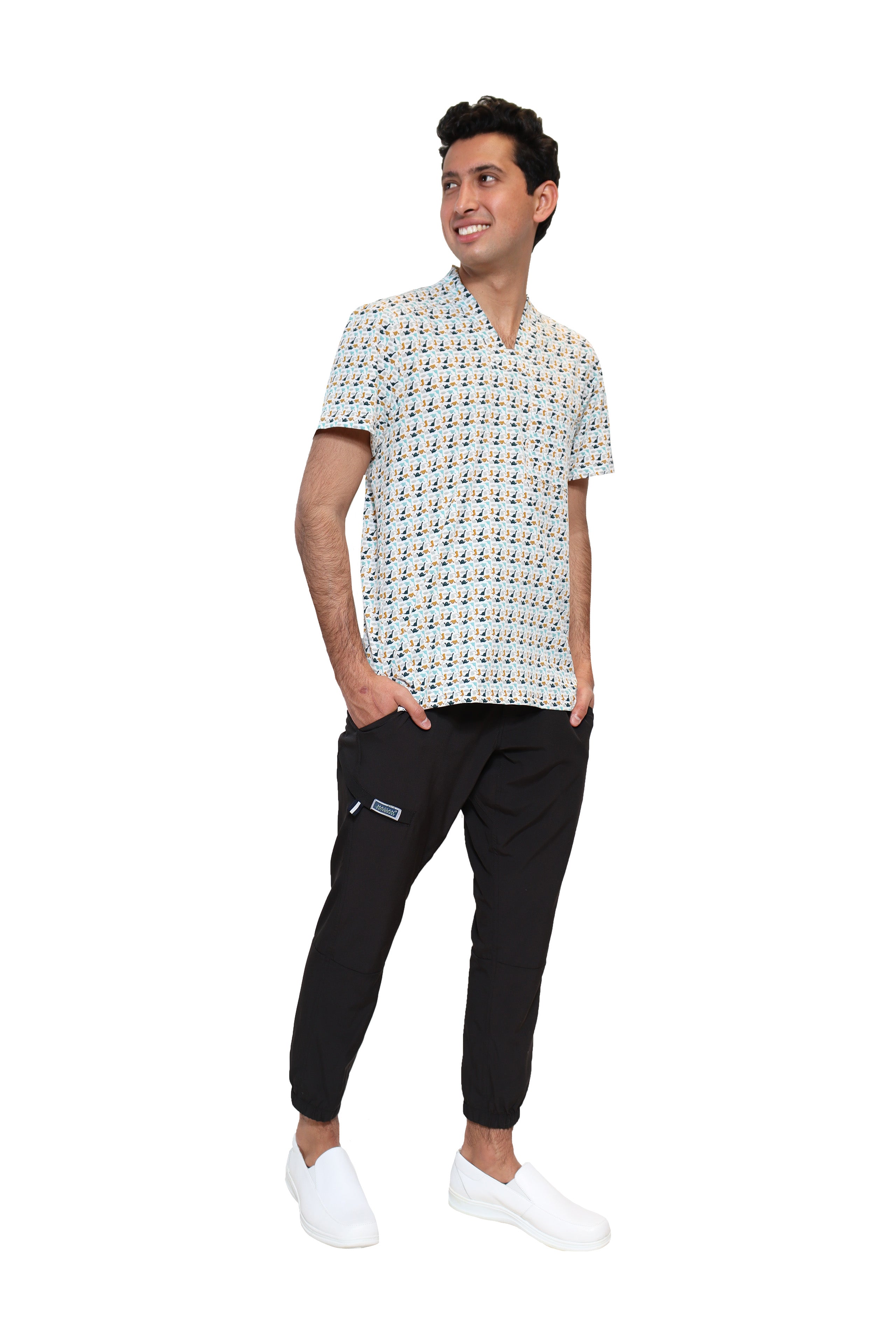 Conjunto SET Filipina y Pantalón JOGGER EA-02 REPELENTE A FLUIDOS-Color ESTAMPADO DINOSAURIOS con PANT JOGGER NEGRO HOMBRE-HASSAN Uniformes