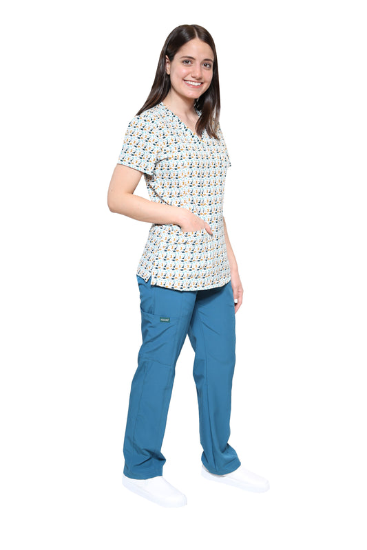 Conjunto SET Filipina y Pantalón EV-04 Tatita REPELENTE A FLUIDOS-Color ESTAMPADO DINOSAURIOS con PANT CARIBE Dama-Ana Isabel Uniformes