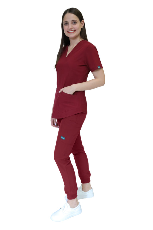 Conjunto SET Filipina y Pantalón JOGGER EV-02 Muñin REPELENTE A FLUIDOS-Color VINO Dama-Ana Isabel Uniformes