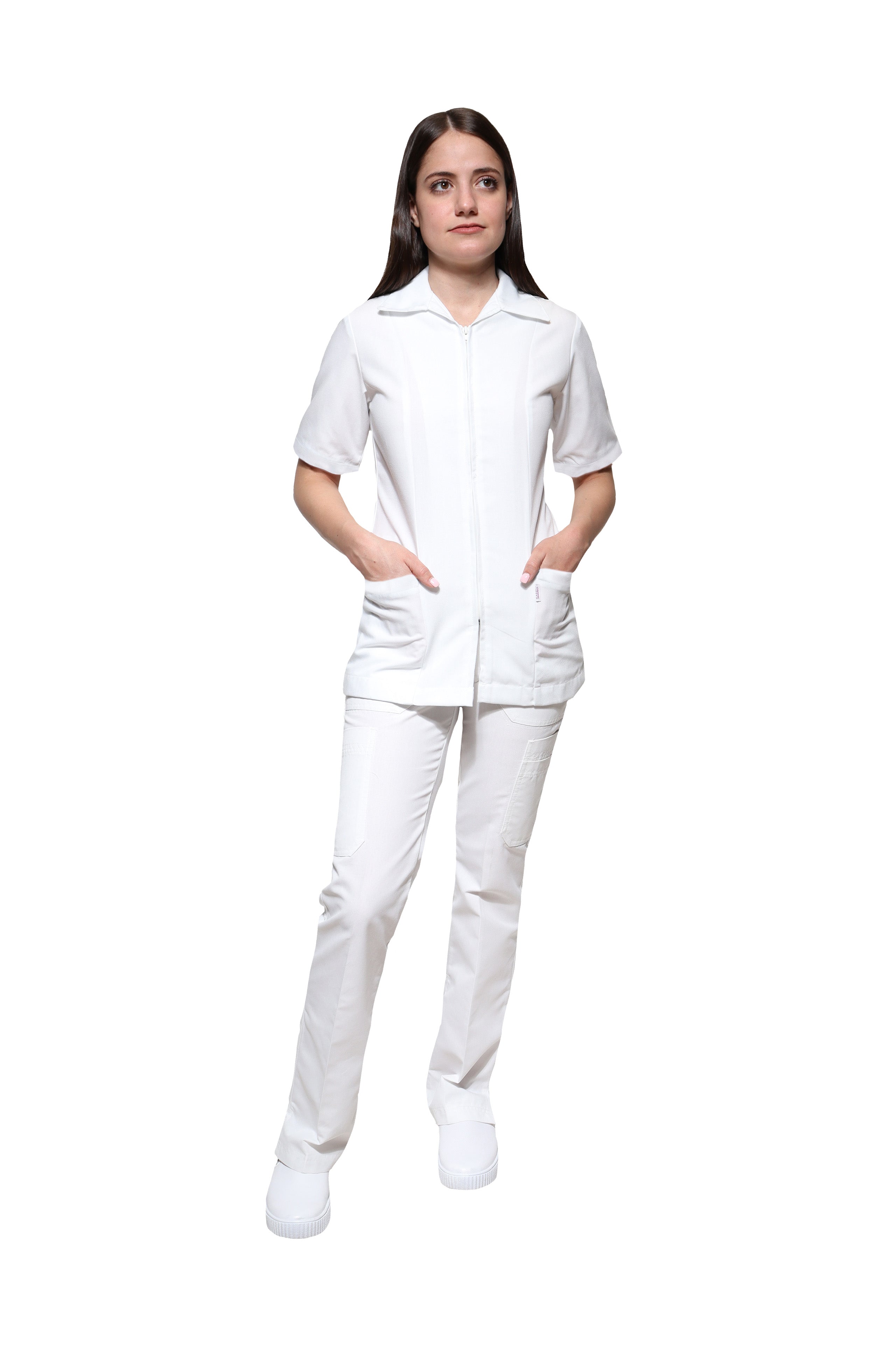 Conjunto SET Filipina y Pantalón KA-01 CIERRE -Color BLANCO Dama-KAREN MEDICAL FASHION