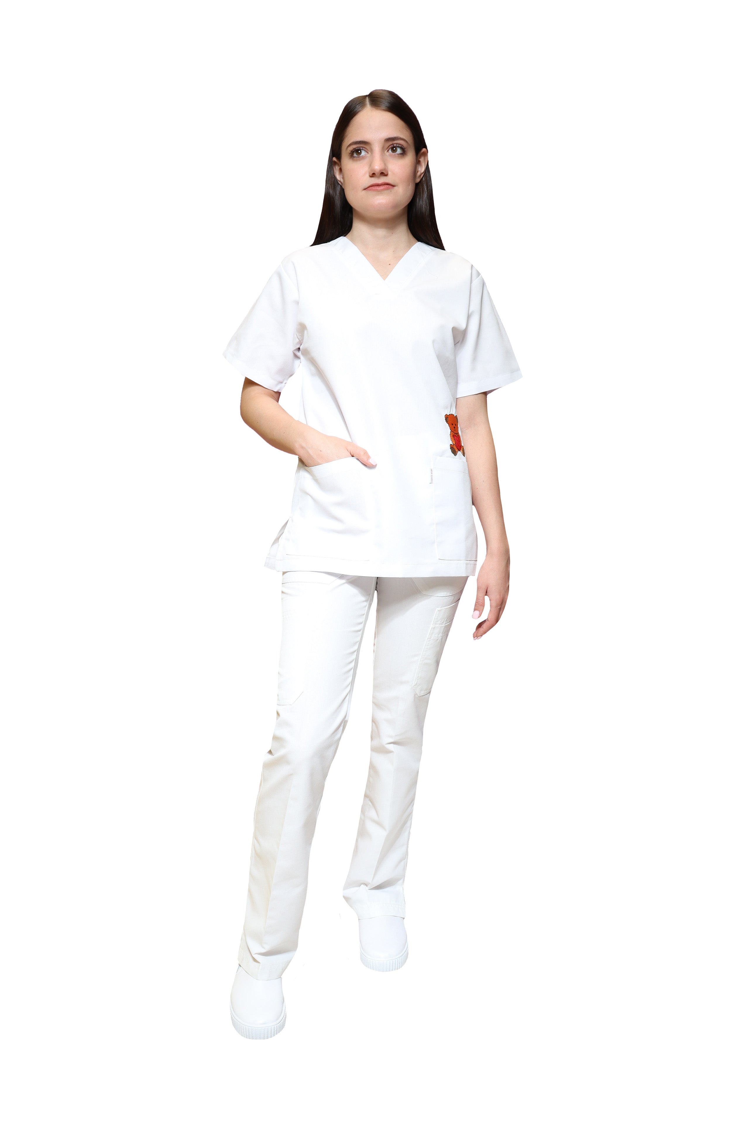 Conjunto SET Filipina y Pantalón KA-45 FILIPINA BORDADA/OSO -Color BLANCO Dama-KAREN MEDICAL FASHION