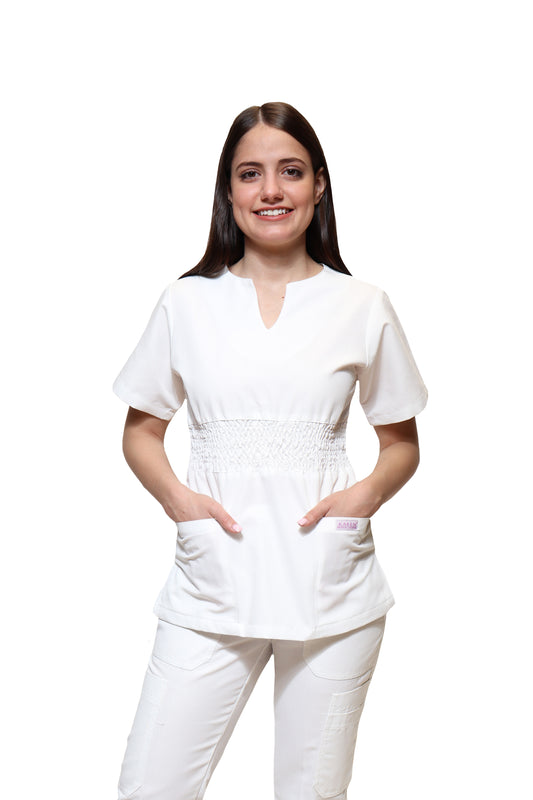 Conjunto SET Filipina y Pantalón KA-55 Acordeón -Color BLANCO Dama-KAREN MEDICAL FASHION