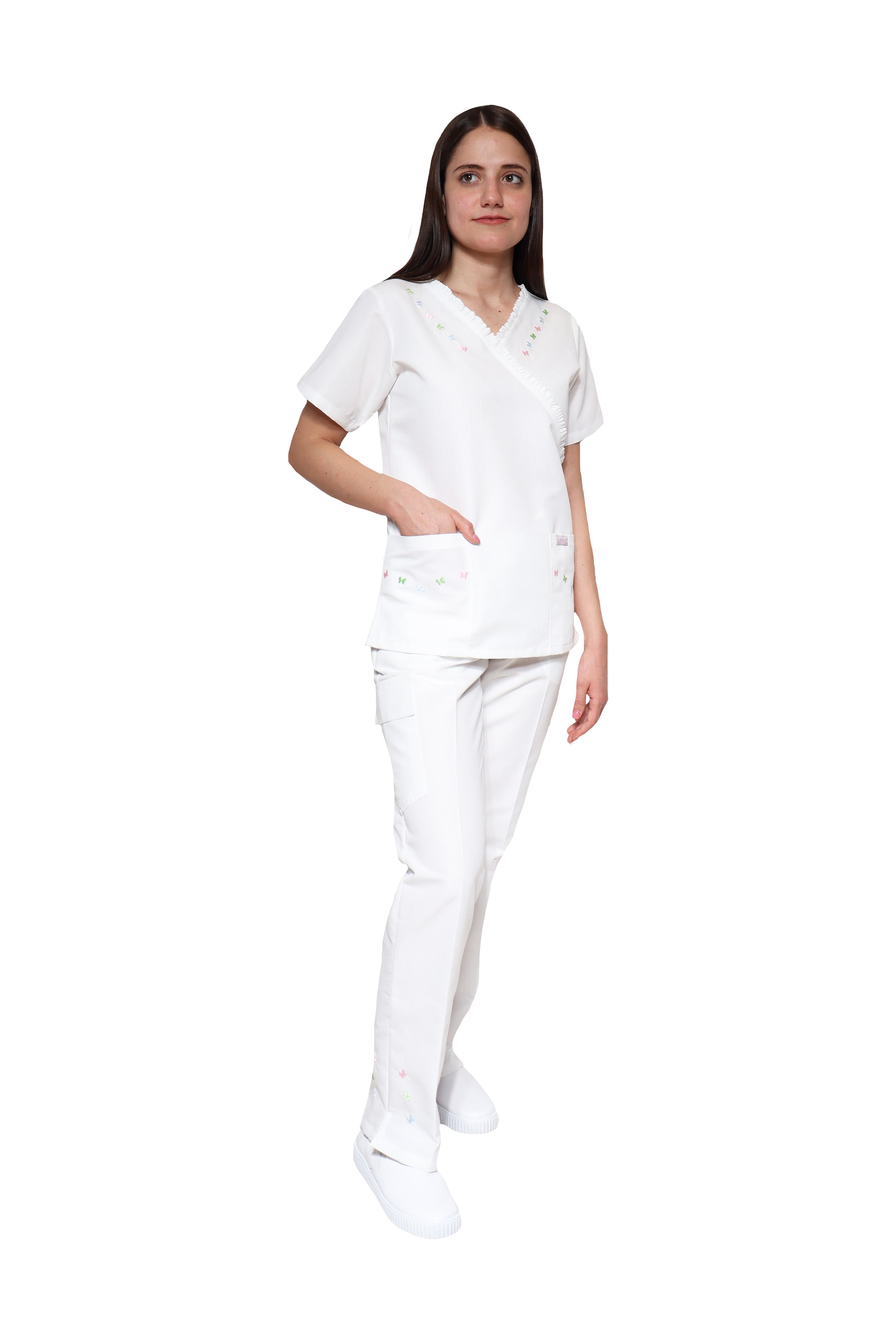 Conjunto SET Filipina y Pantalón KA-56 MARIPOSITAS -Color BLANCO/COLORES- Dama- KAREN MEDICAL FASHION