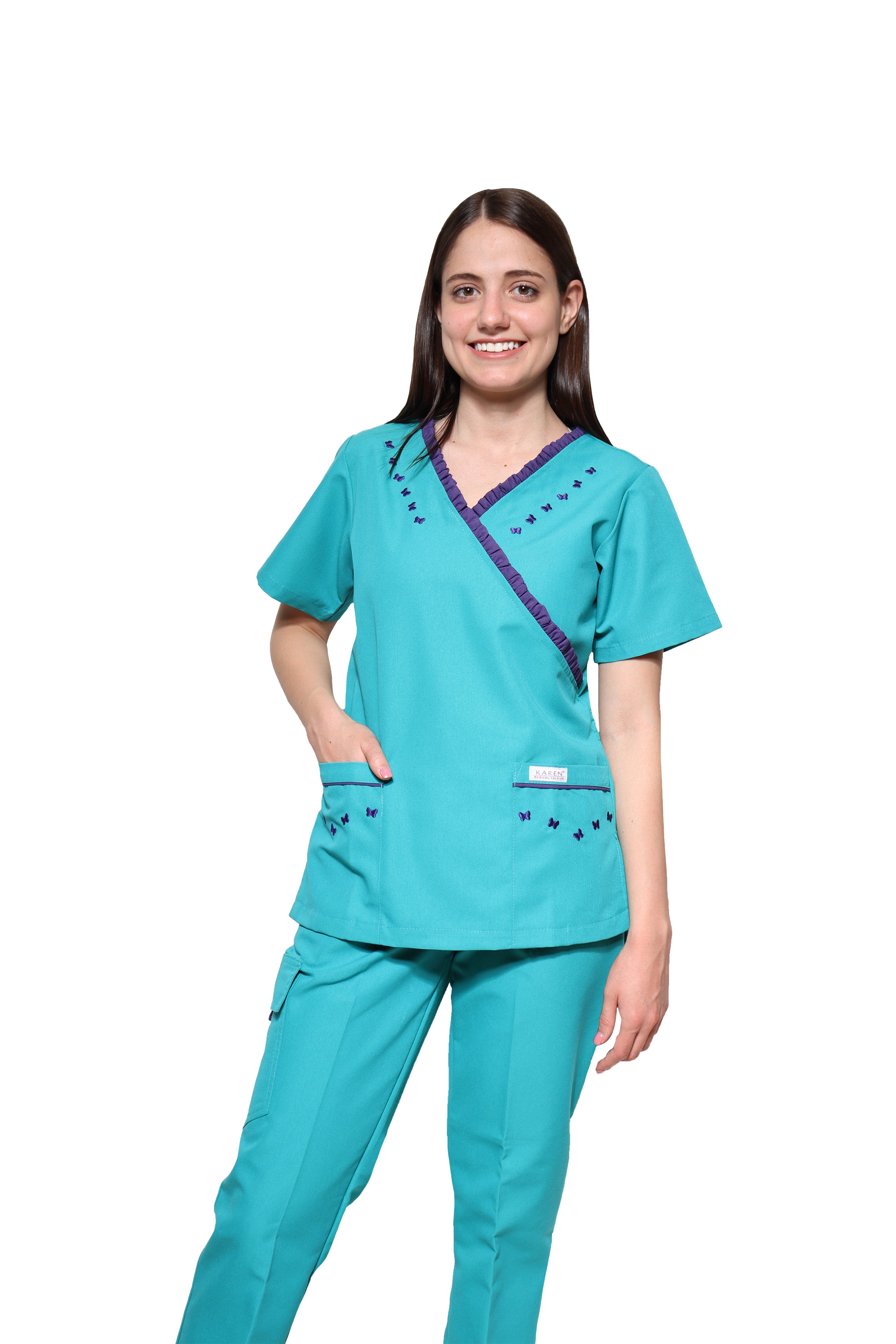 Conjunto SET Filipina y Pantalón KA-56 MARIPOSITAS -Color JADE/UVA- Dama- KAREN MEDICAL FASHION