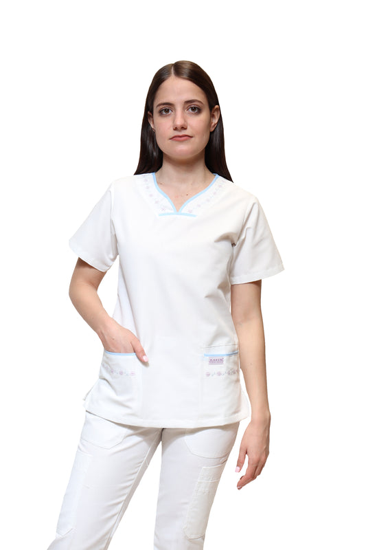 Conjunto SET Filipina y Pantalón KA-57 BIES -Color BLANCO/CIELO Dama-KAREN MEDICAL FASHION