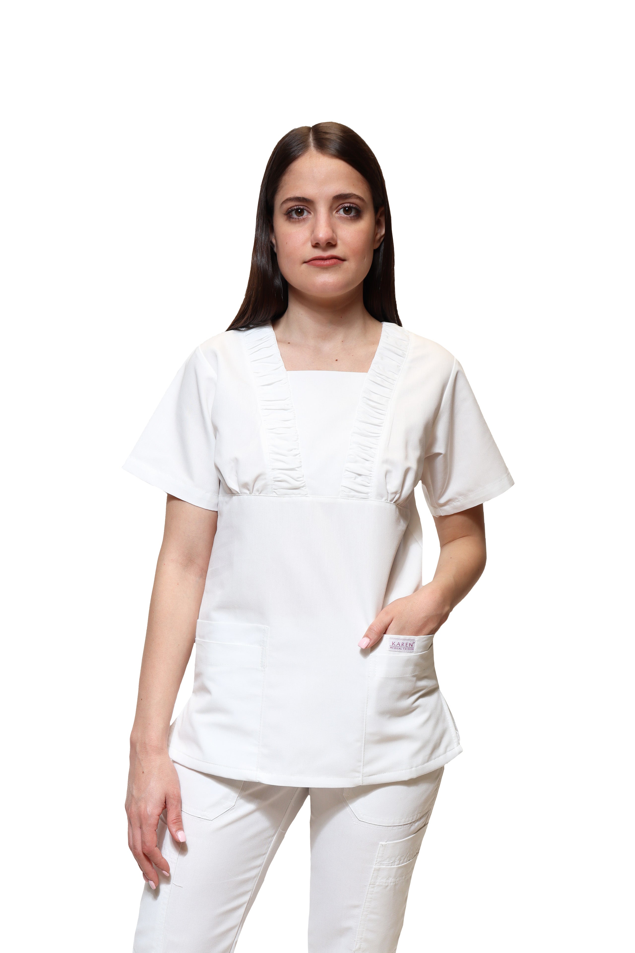 Conjunto SET Filipina y Pantalón KA-58 Acordeón II -Color BLANCO Dama-KAREN MEDICAL FASHION
