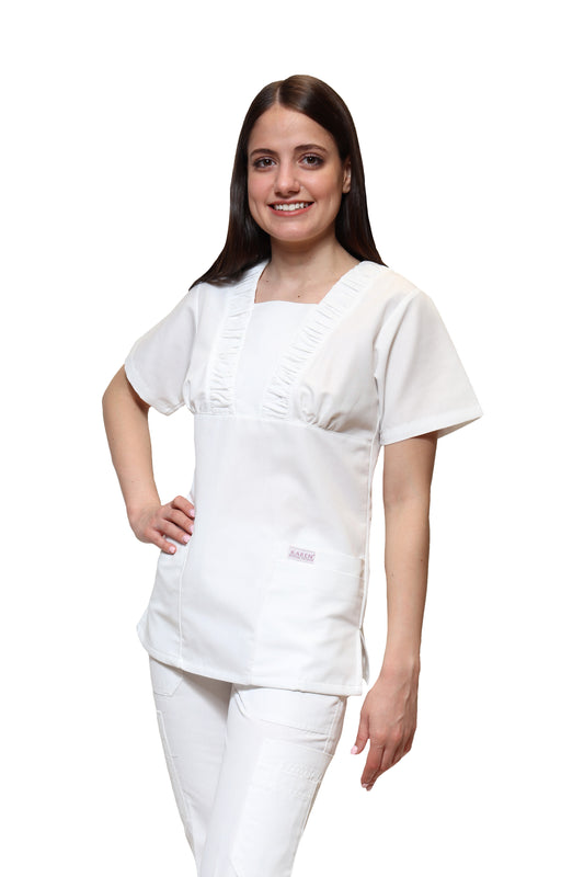 Conjunto SET Filipina y Pantalón KA-58 Acordeón II -Color BLANCO Dama-KAREN MEDICAL FASHION