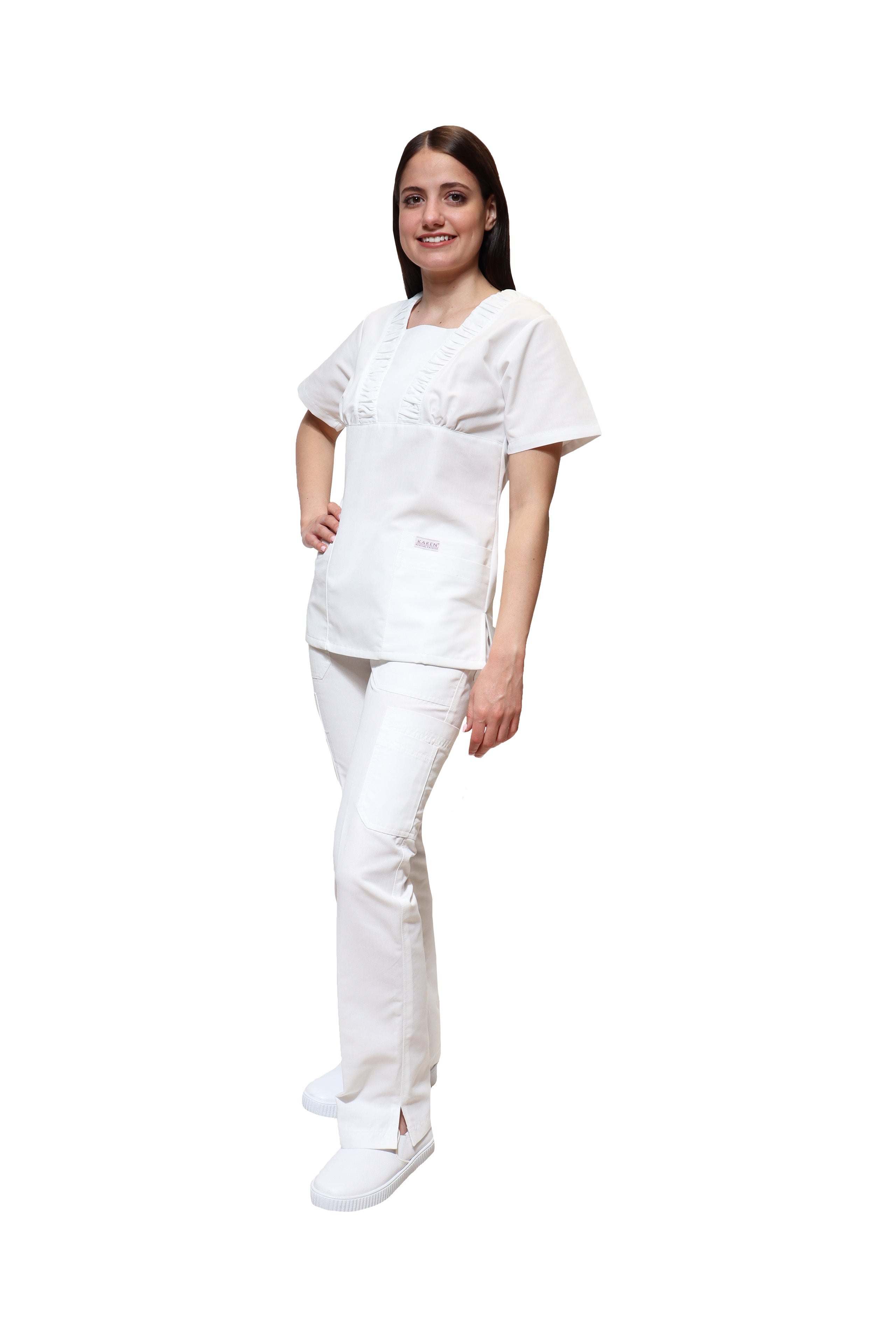 Conjunto SET Filipina y Pantalón KA-58 Acordeón II -Color BLANCO Dama-KAREN MEDICAL FASHION