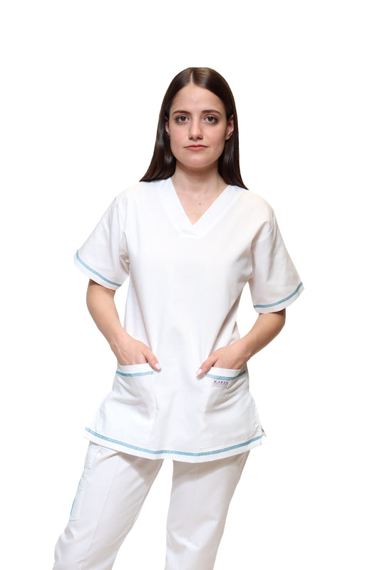 Conjunto SET Filipina y Pantalón KA-77 Collarette -Color BLANCO/AQUA Dama-KAREN MEDICAL FASHION