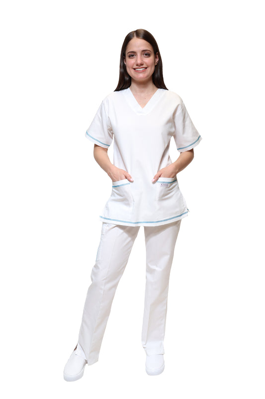Filipina Top KA-77 COLLARETTE -Color BLANCO/AQUA Dama-KAREN MEDICAL FASHION