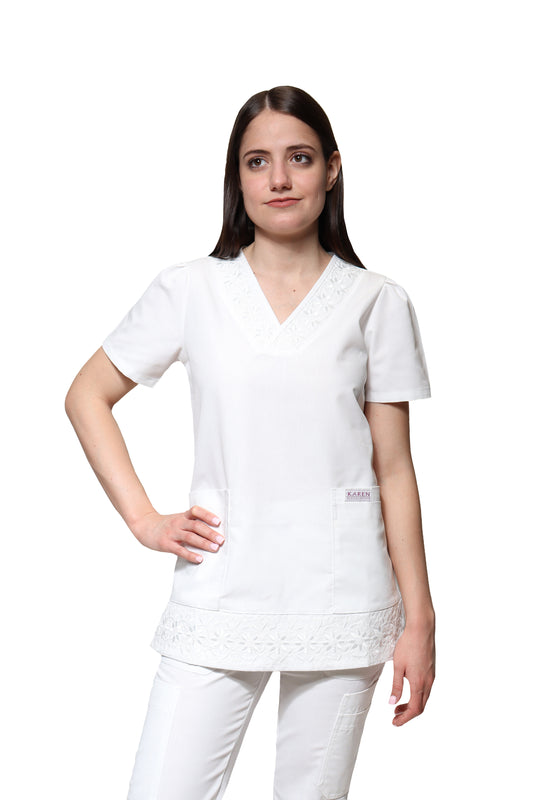 Conjunto SET Filipina y Pantalón KA-78 Girasoles -Color BLANCO Dama-KAREN MEDICAL FASHION