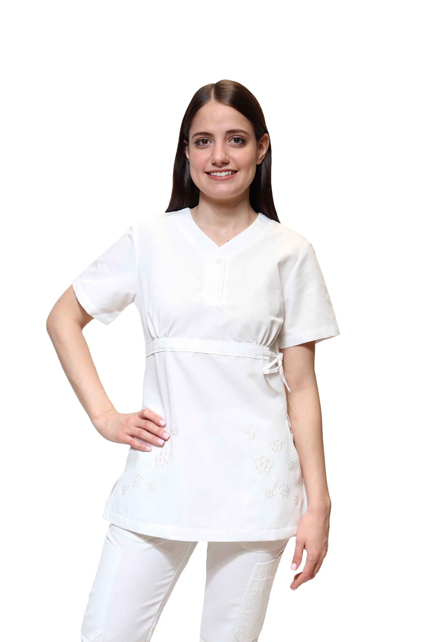 Conjunto SET Filipina y Pantalón KA-79 FLORECITAS -Color BLANCO Dama-KAREN MEDICAL FASHION