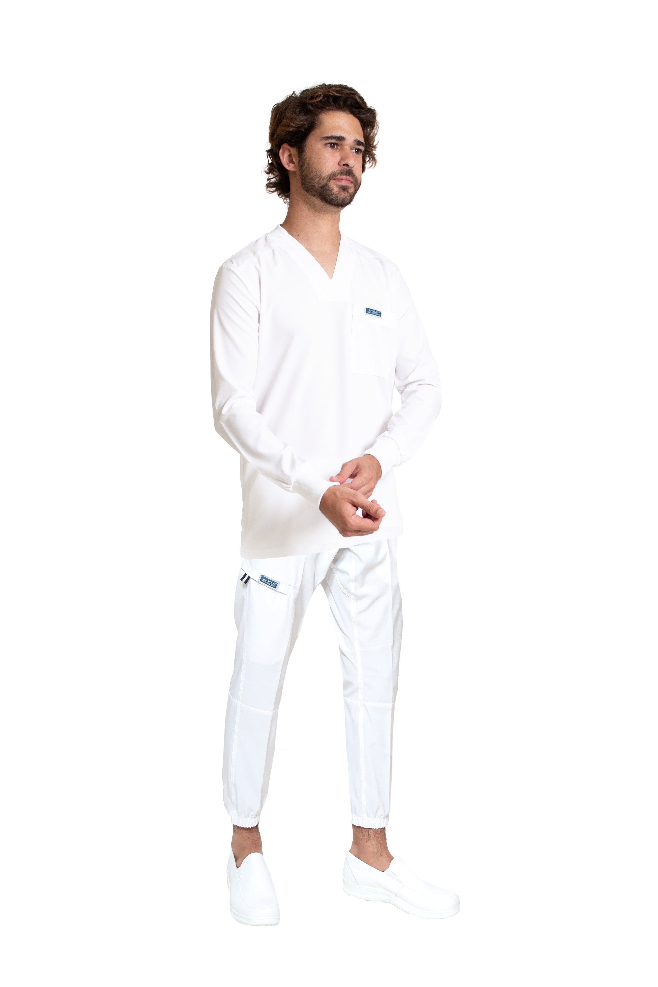 Conjunto SET Filipina MANGA LARGA y Pantalón JOGGER EA-03 REPELENTE A FLUIDOS-Color BLANCO HOMBRE-HASSAN Uniformes