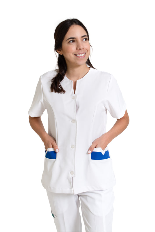 Conjunto SET Filipina y Pantalón EV-09 Doble Bolsa REPELENTE A FLUIDOS-Color BLANCO/REY Dama-Ana Isabel Uniformes
