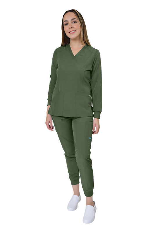 Conjunto SET Filipina MANGA LARGA y Pantalón JOGGER EV-16 Tatita REPELENTE A FLUIDOS-Color OLIVO Dama-Ana Isabel Uniformes