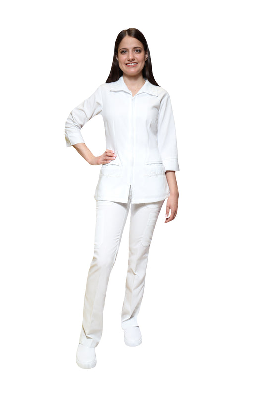 Conjunto SET TERGAL AI-112 Cuello Rosal -Color BLANCO Dama-Ana Isabel Uniformes