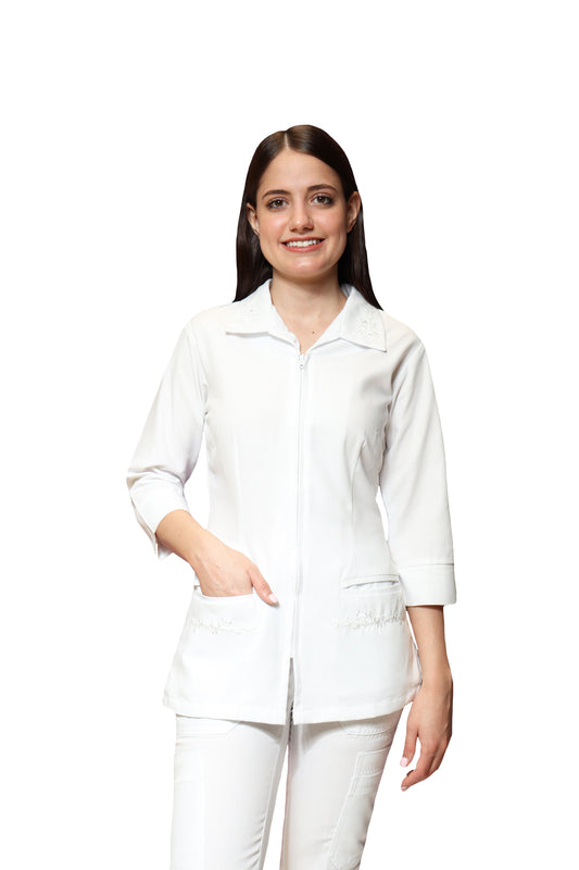 Conjunto SET TERGAL AI-112 Cuello Rosal -Color BLANCO Dama-Ana Isabel Uniformes