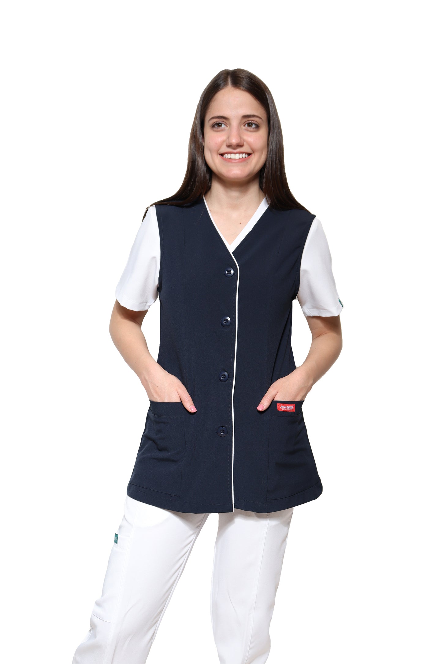Chaleco Reglamentario para Enfermera Repelente a Fluidos - para Dama - Color MARINO/BLANCO - ER-54 - ANA ISABEL UNIFORMES
