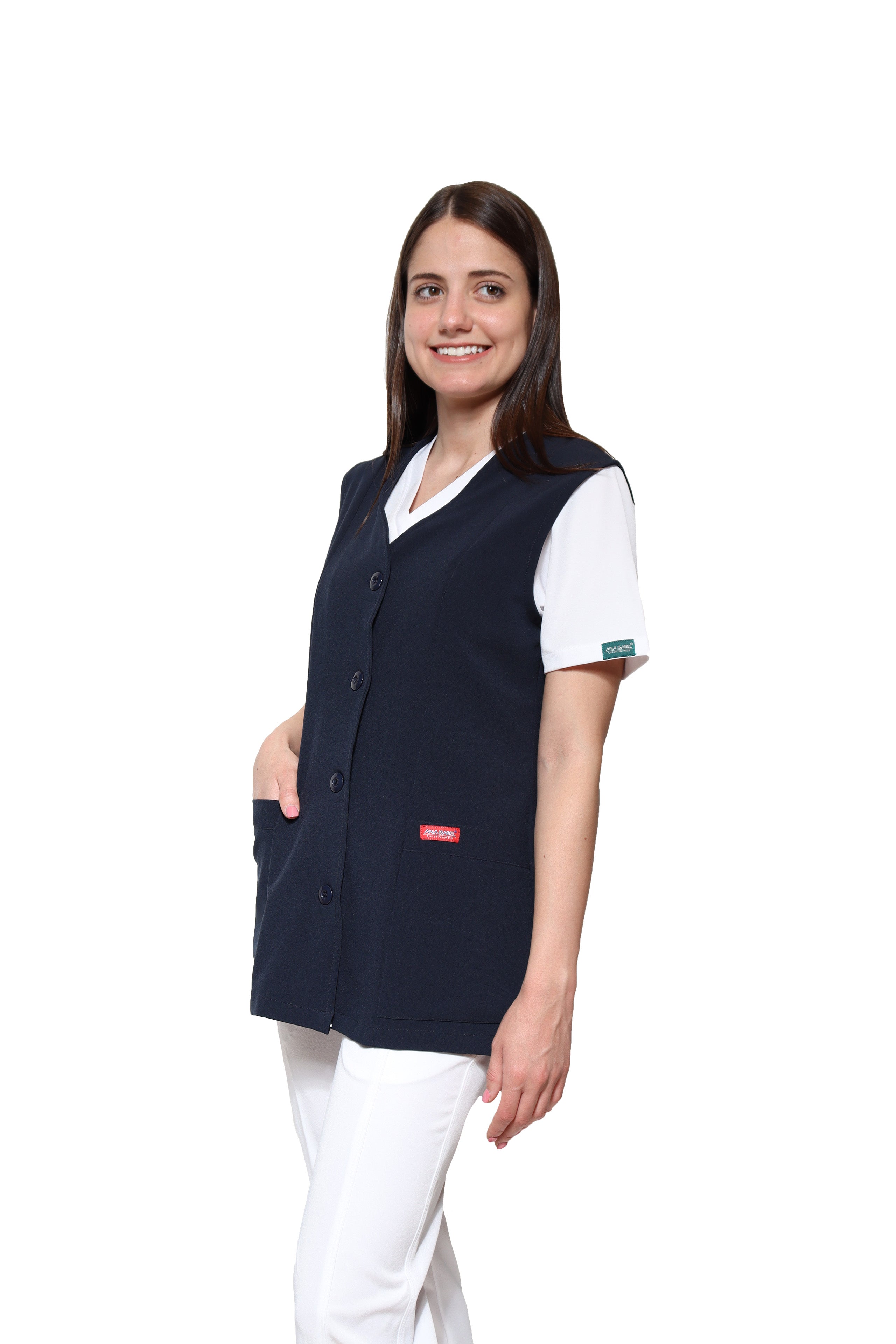 Chaleco Reglamentario para Enfermera Repelente a Fluidos - para Dama - Color MARINO - ER-54 - ANA ISABEL UNIFORMES
