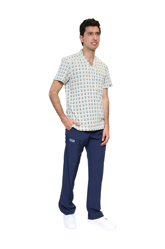 Conjunto SET Filipina y Pantalón EA-02 REPELENTE A FLUIDOS-Color ESTAMPADO DINOSAURIOS con PANT MARINO HOMBRE-HASSAN Uniformes