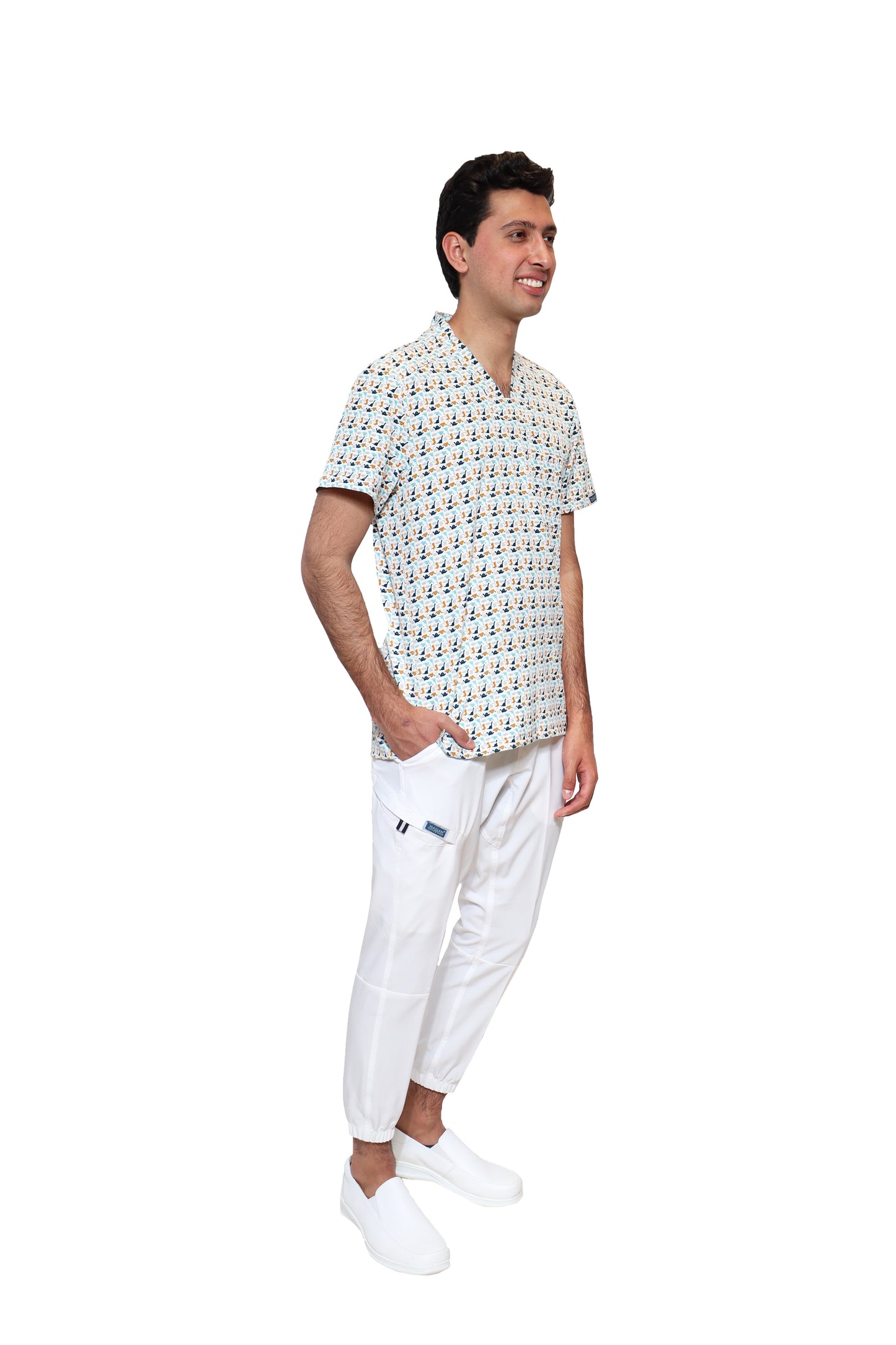 Conjunto SET Filipina y Pantalón JOGGER EA-02 REPELENTE A FLUIDOS-Color ESTAMPADO DINOSAURIOS con PANT JOGGER BLANCO HOMBRE-HASSAN Uniformes