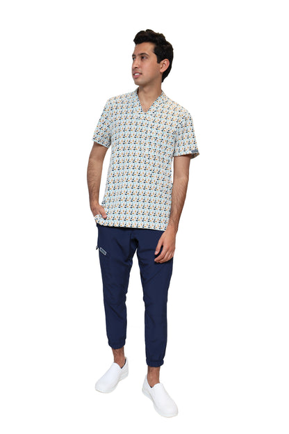 Conjunto SET Filipina y Pantalón JOGGER EA-02 REPELENTE A FLUIDOS-Color ESTAMPADO DINOSAURIOS con PANT JOGGER MARINO HOMBRE-HASSAN Uniformes