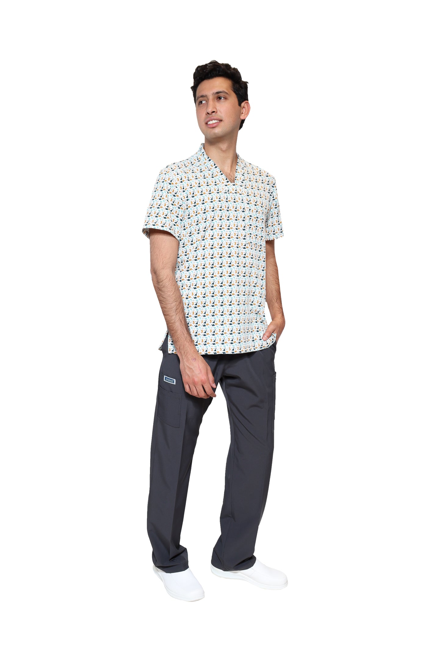 Conjunto SET Filipina y Pantalón EA-02 REPELENTE A FLUIDOS-Color ESTAMPADO DINOSAURIOS con PANT PEWTER HOMBRE-HASSAN Uniformes