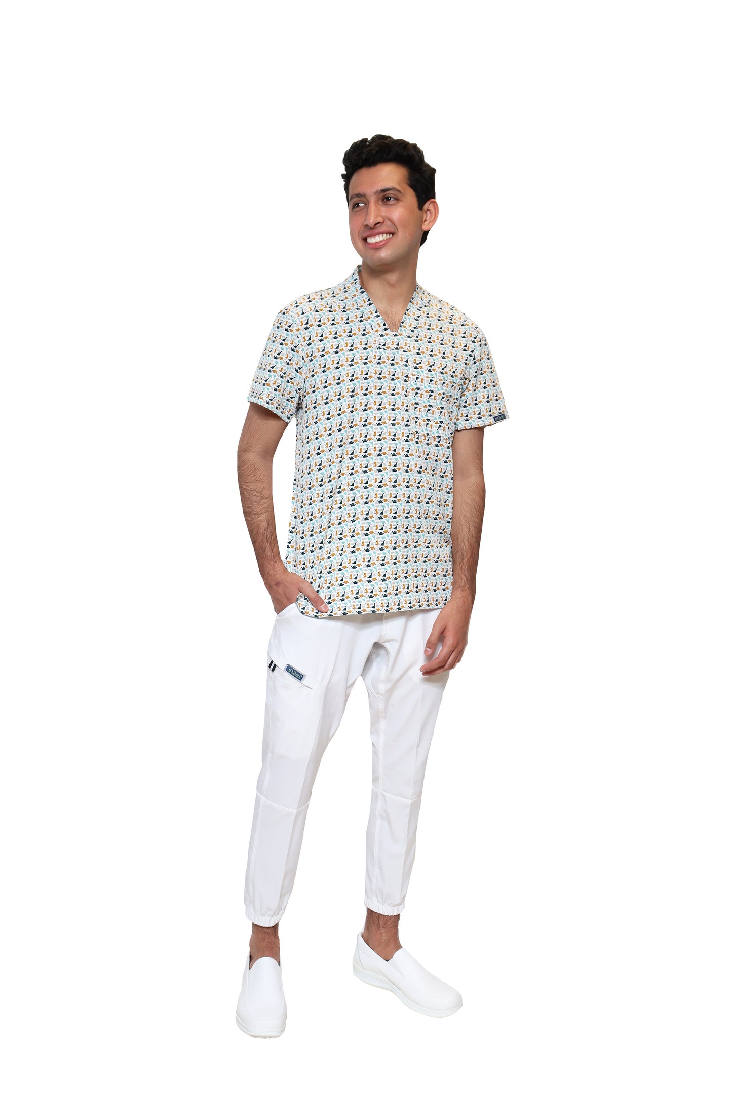 Conjunto SET Filipina y Pantalón JOGGER EA-02 REPELENTE A FLUIDOS-Color ESTAMPADO DINOSAURIOS con PANT JOGGER BLANCO HOMBRE-HASSAN Uniformes