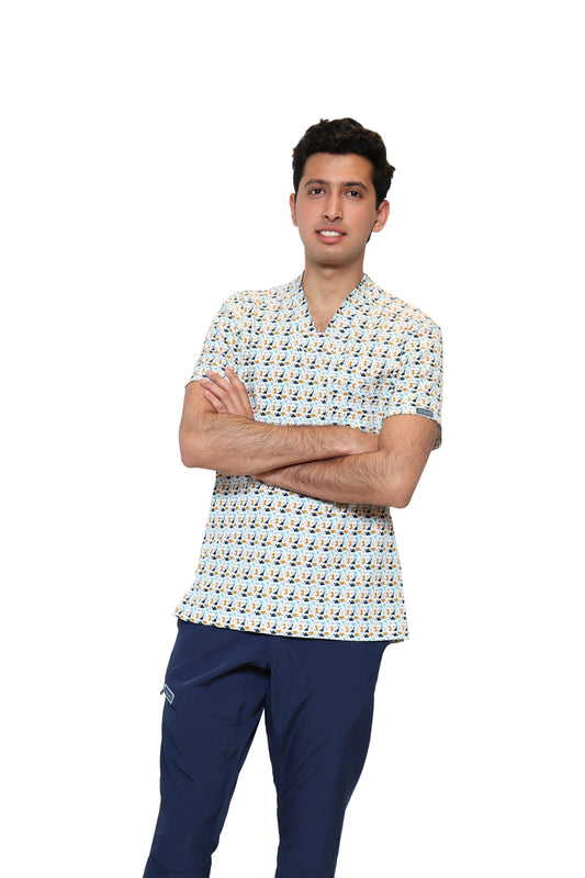 Conjunto SET Filipina y Pantalón JOGGER EA-02 REPELENTE A FLUIDOS-Color ESTAMPADO DINOSAURIOS con PANT JOGGER MARINO HOMBRE-HASSAN Uniformes