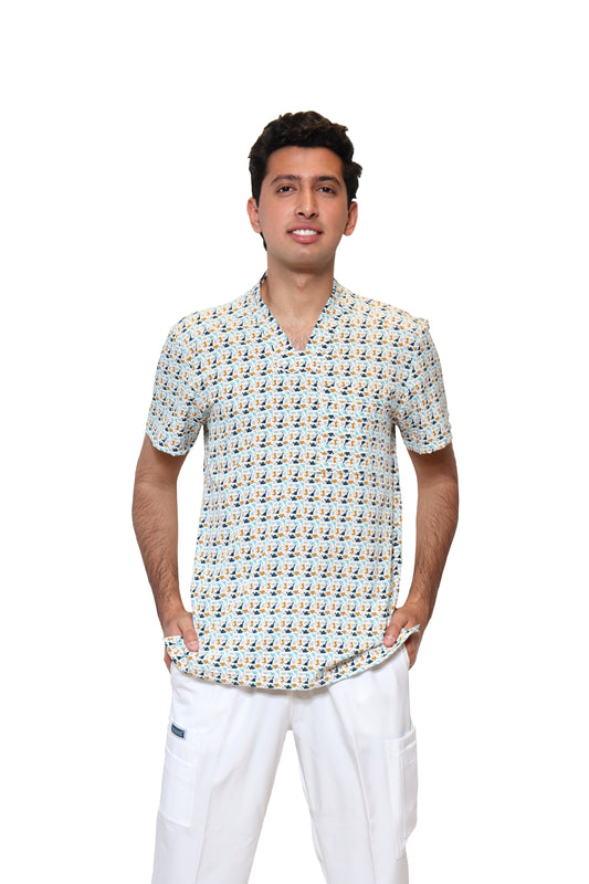 Conjunto SET Filipina y Pantalón EA-02 REPELENTE A FLUIDOS-Color ESTAMPADO DINOSAURIOS con PANT BLANCO HOMBRE-HASSAN Uniformes