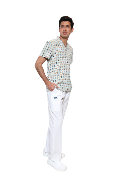 Conjunto SET Filipina y Pantalón EA-02 REPELENTE A FLUIDOS-Color ESTAMPADO DINOSAURIOS con PANT BLANCO HOMBRE-HASSAN Uniformes