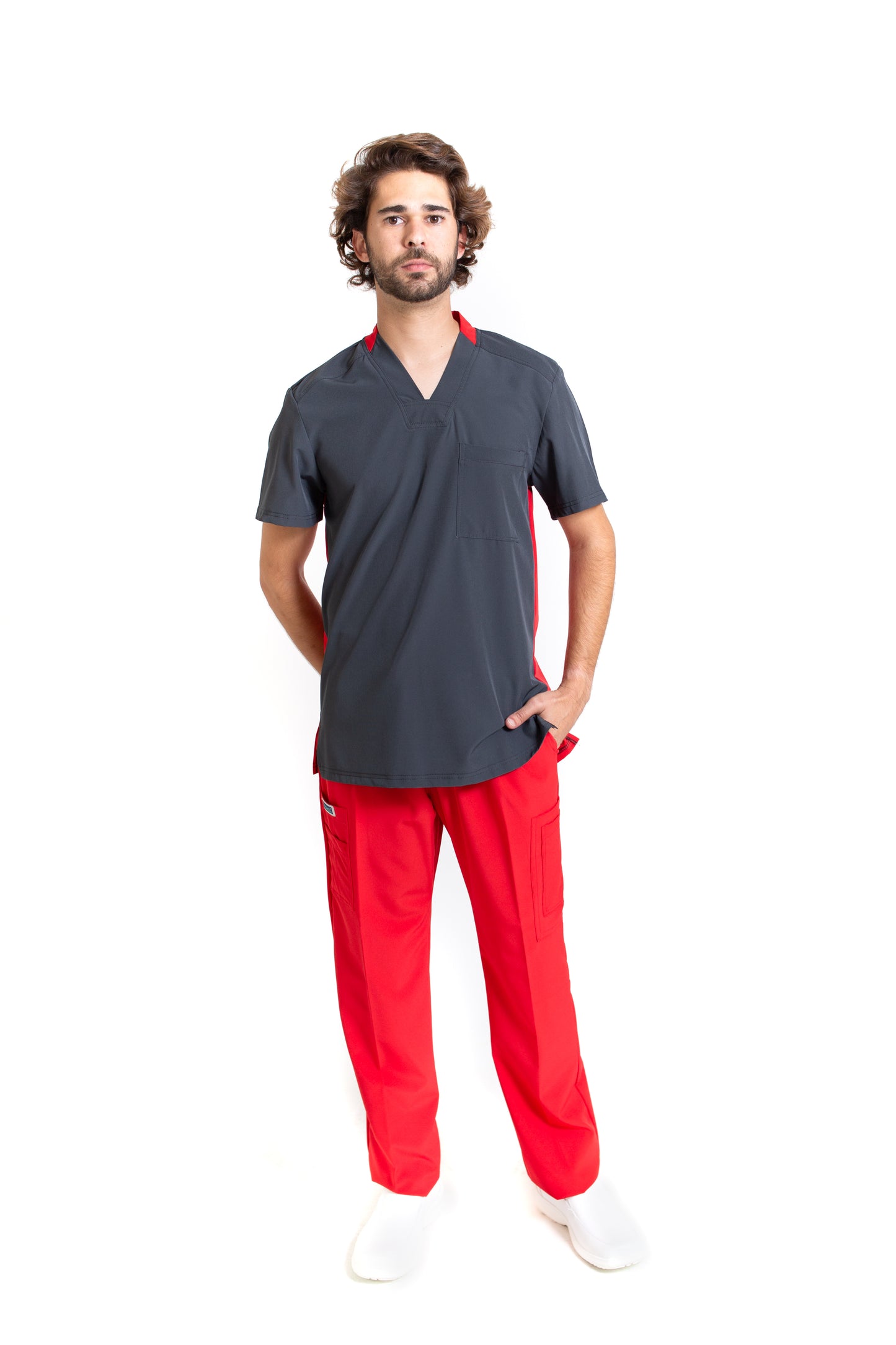 Conjunto SET Filipina y Pantalón EA-02 REPELENTE A FLUIDOS-Color PEWTER/ROJO con PANT ROJO HOMBRE-HASSAN Uniformes