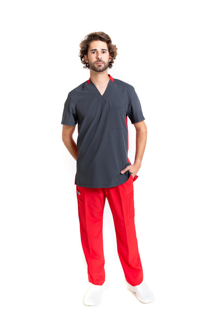 Conjunto SET Filipina y Pantalón EA-02 REPELENTE A FLUIDOS-Color PEWTER/ROJO con PANT ROJO HOMBRE-HASSAN Uniformes