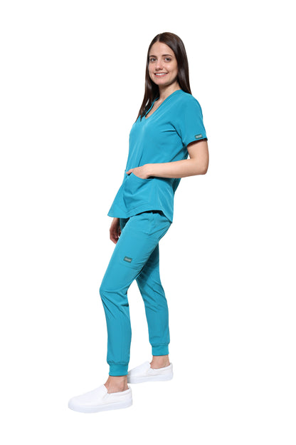 Conjunto SET Filipina y Pantalón JOGGER EV-02 Muñin REPELENTE A FLUIDOS-Color VERDE Dama-Ana Isabel Uniformes