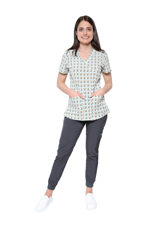 Conjunto SET Filipina y Pantalón JOGGER EV-04 Tatita REPELENTE A FLUIDOS-Color ESTAMPADO DINOSAURIOS con PANT JOGGER PEWTER Dama-Ana Isabel Uniformes