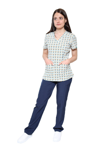 Conjunto SET Filipina y Pantalón EV-04 Tatita REPELENTE A FLUIDOS-Color ESTAMPADO DINOSAURIOS con PANT MARINO Dama-Ana Isabel Uniformes