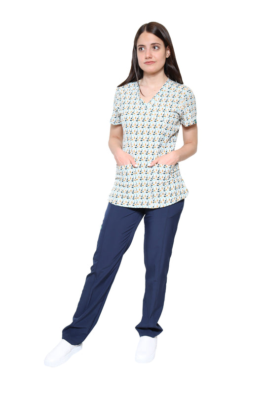 Conjunto SET Filipina y Pantalón EV-04 Tatita REPELENTE A FLUIDOS-Color ESTAMPADO DINOSAURIOS con PANT MARINO Dama-Ana Isabel Uniformes