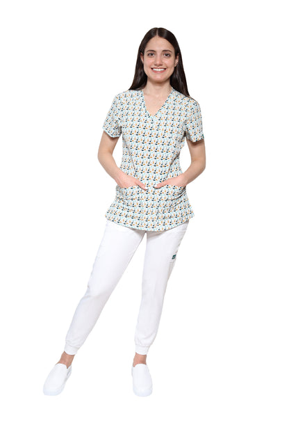 Conjunto SET Filipina y Pantalón JOGGER EV-04 Tatita REPELENTE A FLUIDOS-Color ESTAMPADO DINOSAURIOS con PANT JOGGER BLANCO Dama-Ana Isabel Uniformes