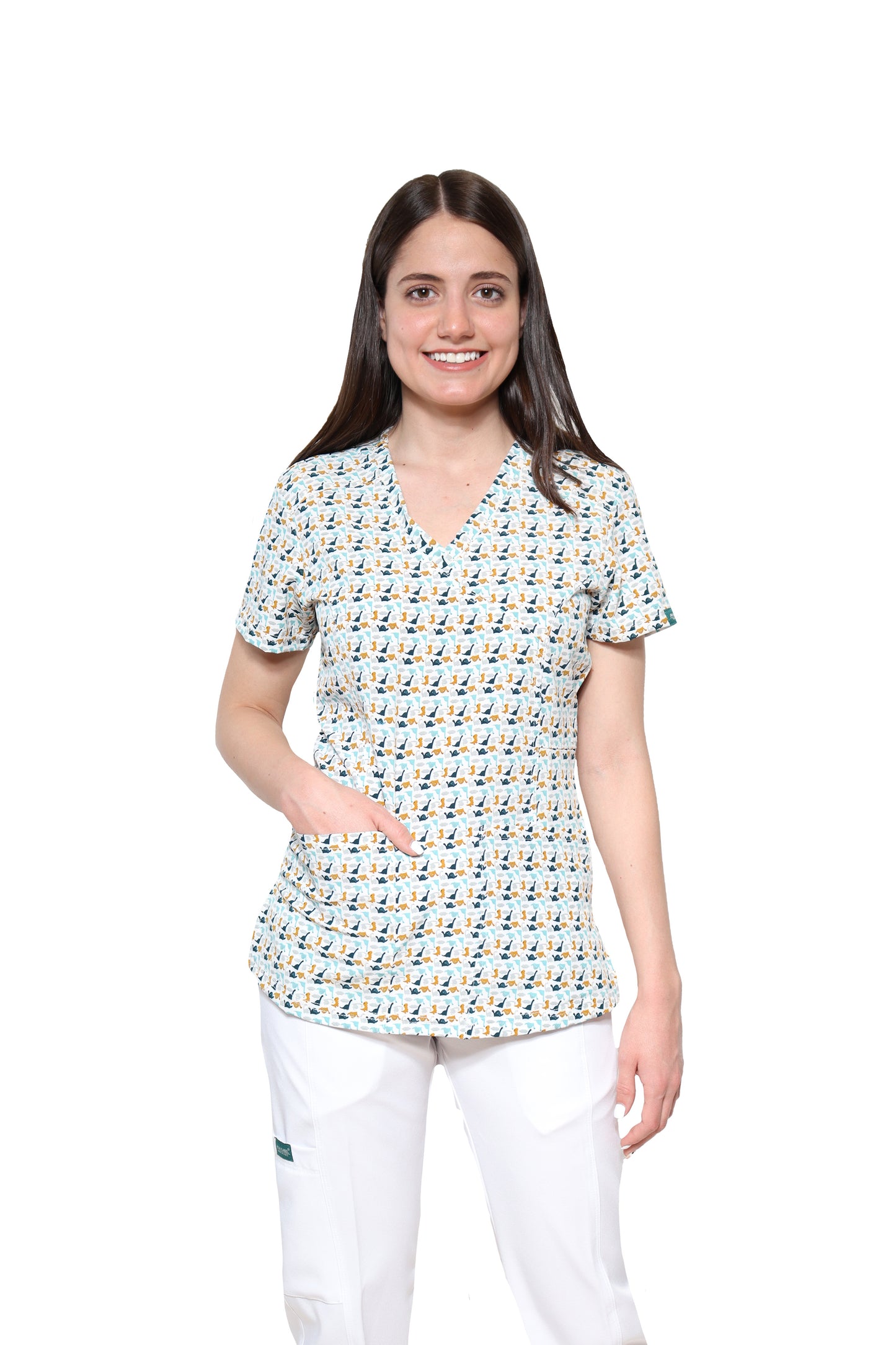 Conjunto SET Filipina y Pantalón JOGGER EV-04 Tatita REPELENTE A FLUIDOS-Color ESTAMPADO DINOSAURIOS con PANT JOGGER BLANCO Dama-Ana Isabel Uniformes