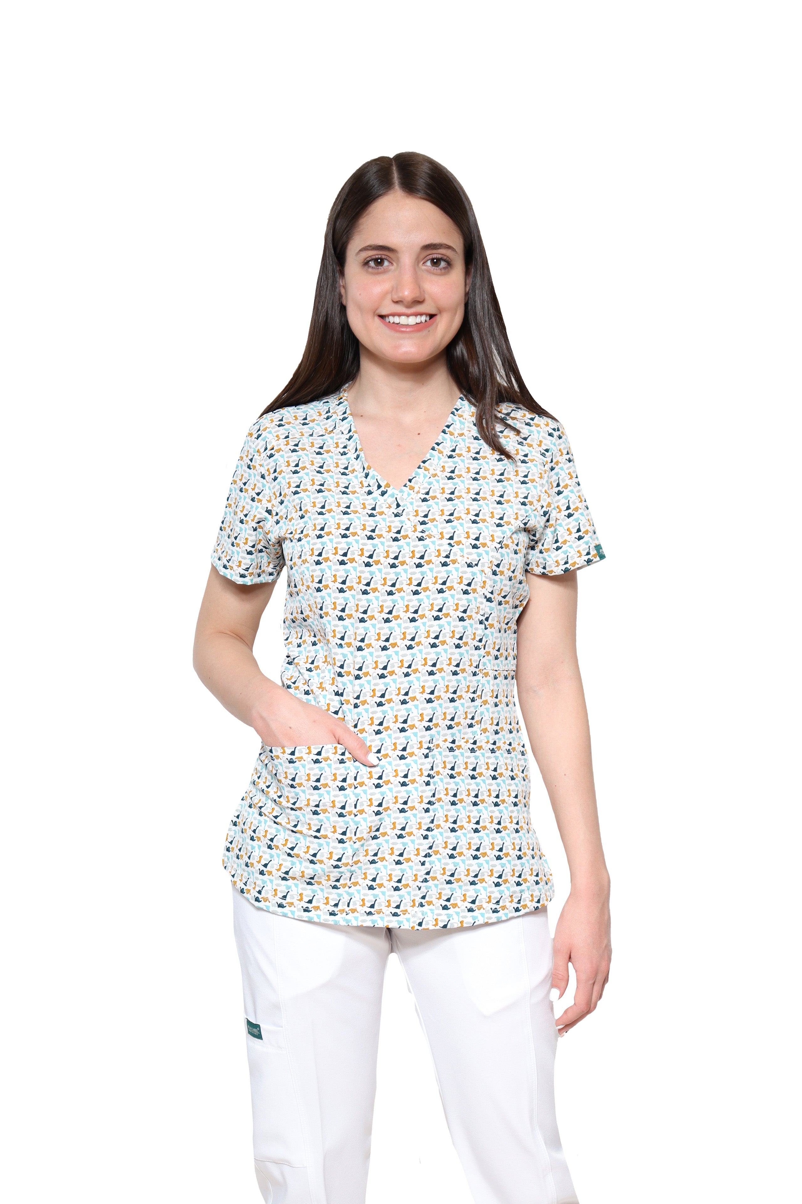 Conjunto SET Filipina y Pantalón JOGGER EV-04 Tatita REPELENTE A FLUIDOS-Color ESTAMPADO DINOSAURIOS con PANT JOGGER BLANCO Dama-Ana Isabel Uniformes