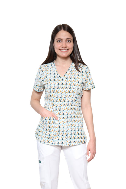 Conjunto SET Filipina y Pantalón JOGGER EV-04 Tatita REPELENTE A FLUIDOS-Color ESTAMPADO DINOSAURIOS con PANT JOGGER BLANCO Dama-Ana Isabel Uniformes