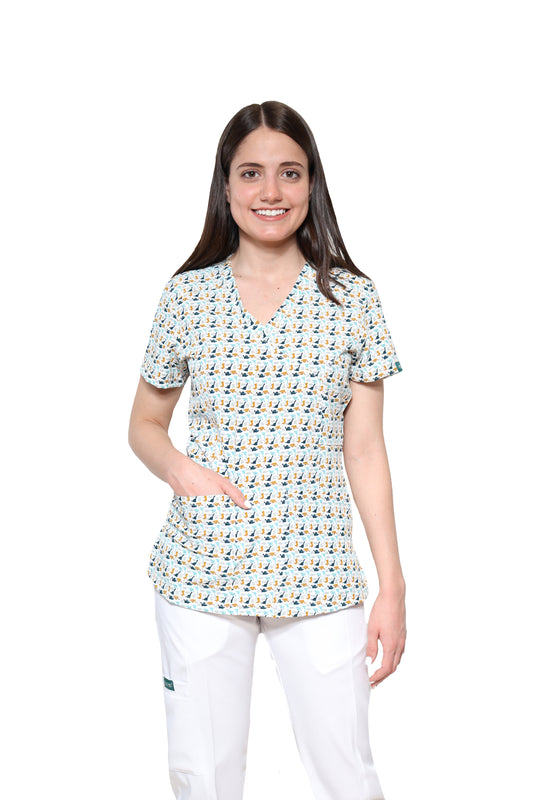 Conjunto SET Filipina y Pantalón JOGGER EV-04 Tatita REPELENTE A FLUIDOS-Color ESTAMPADO DINOSAURIOS con PANT JOGGER BLANCO Dama-Ana Isabel Uniformes