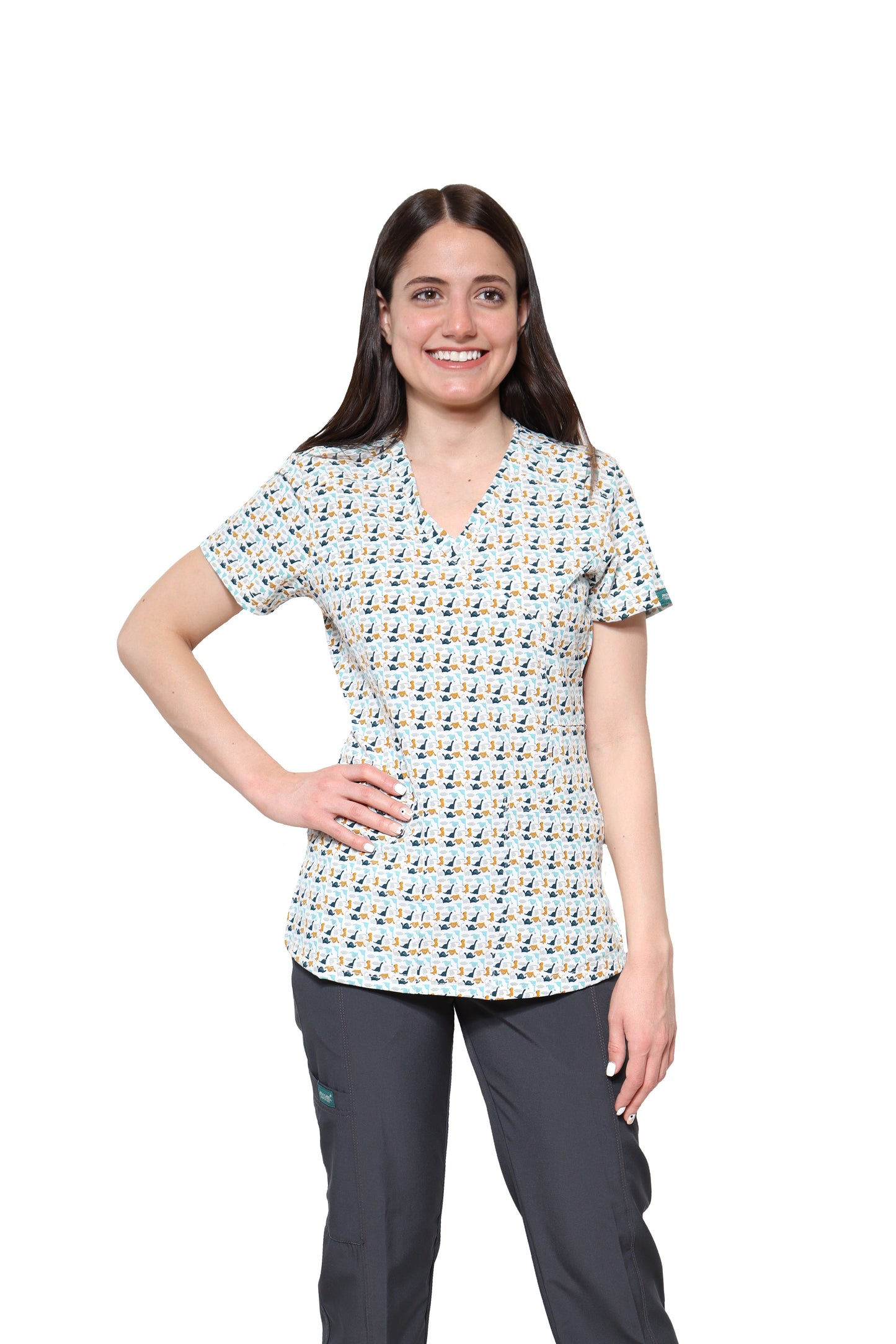 Conjunto SET Filipina y Pantalón EV-04 Tatita REPELENTE A FLUIDOS-Color ESTAMPADO DINOSAURIOS con PANT PEWTER Dama-Ana Isabel Uniformes