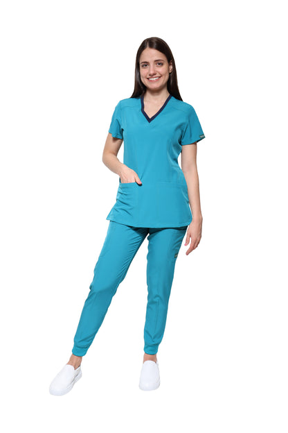 Conjunto SET Filipina y Pantalón JOGGER EV-04 Tatita REPELENTE A FLUIDOS-Color VERDE/MARINO con PANT JOGGER VERDE Dama-Ana Isabel Uniformes