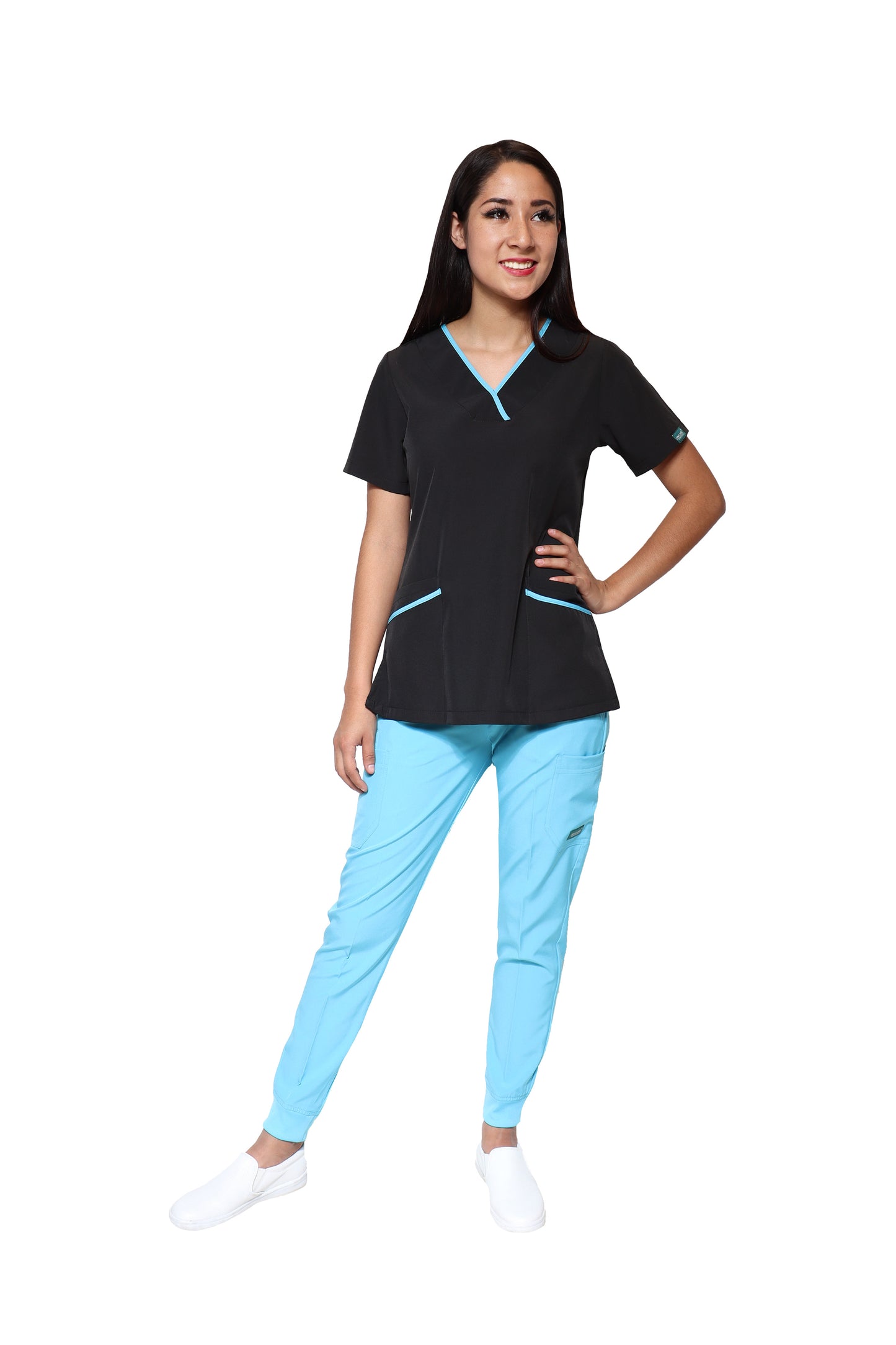 Conjunto SET Filipina y Pantalón JOGGER EV-18 CANDY REPELENTE A FLUIDOS-Color  Negro/Aqua Dama-Ana Isabel Uniformes