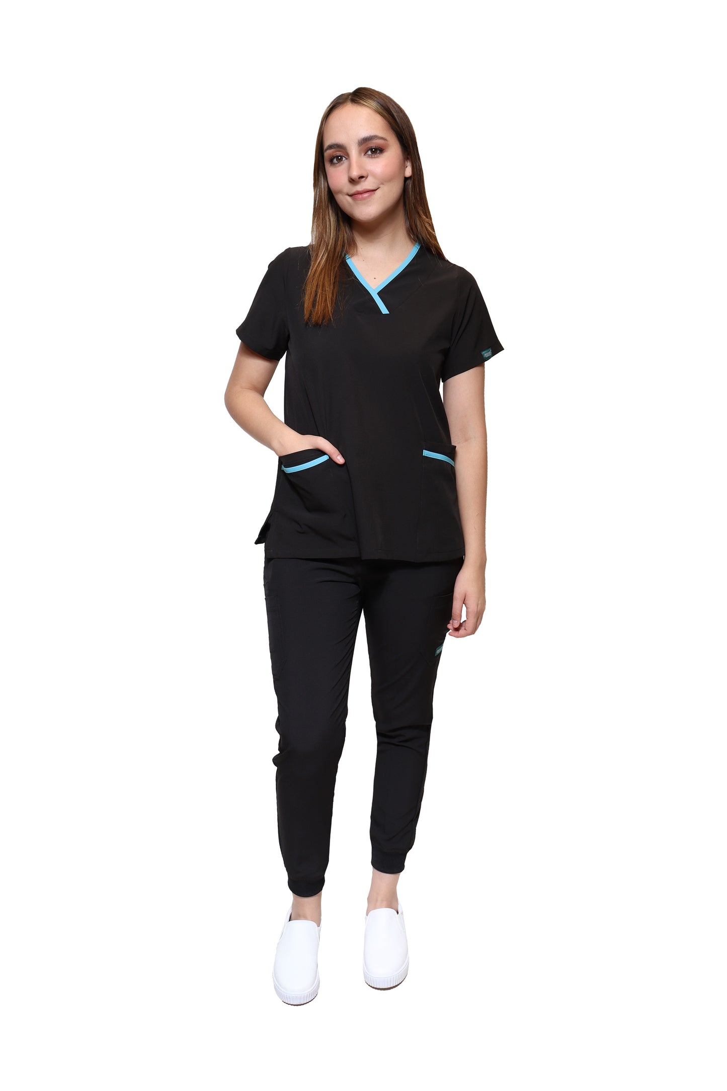 Conjunto SET Filipina y Pantalón JOGGER EV-18 CANDY REPELENTE A FLUIDOS-Color  Negro/Aqua Dama-Ana Isabel Uniformes