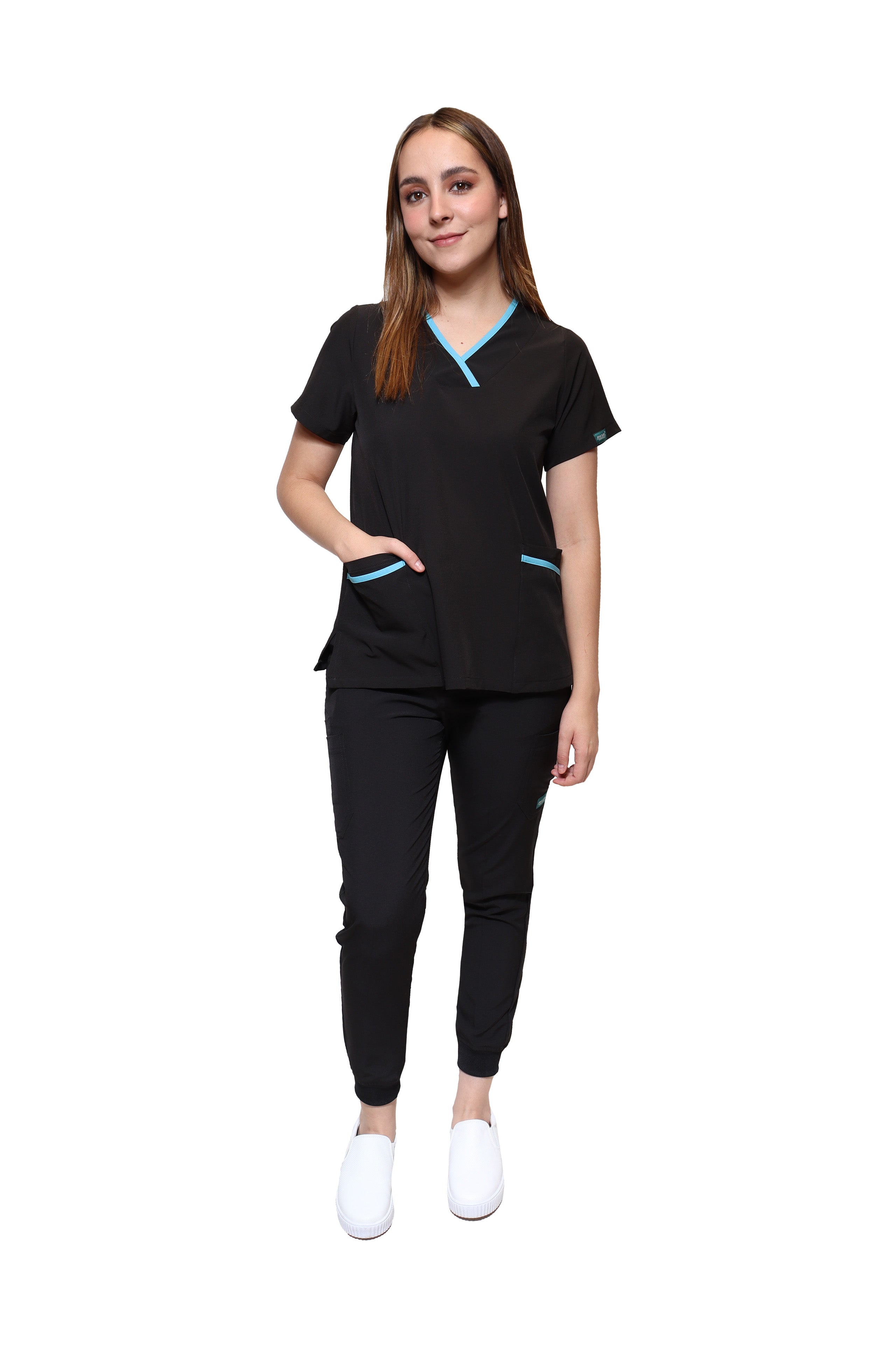 Conjunto SET Filipina y Pantalón JOGGER EV-18 CANDY REPELENTE A FLUIDOS-Color  Negro/Aqua Dama-Ana Isabel Uniformes
