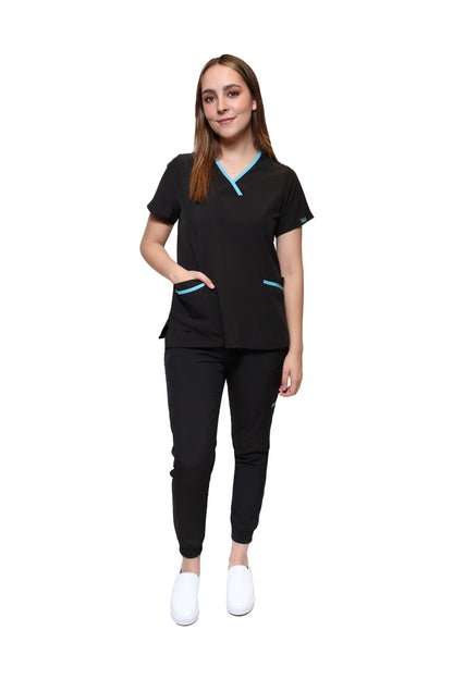 Conjunto SET Filipina y Pantalón JOGGER EV-18 CANDY REPELENTE A FLUIDOS-Color  Negro/Aqua Dama-Ana Isabel Uniformes